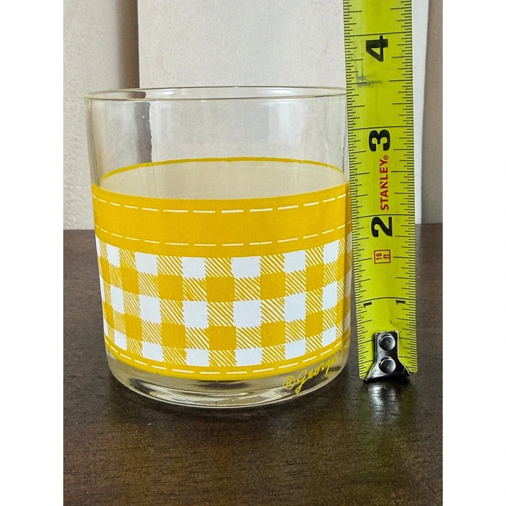Vintage Georges Briard MCM Bar Lowball Glasses Yellow‎ Gingham Set of 3